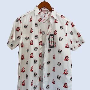 New Denim & Flower Santa Gamer Button Down Short Sleeve Christmas Shirt Size M